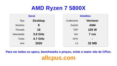 AMD Ryzen 7 5800X Especificações e benchmarks da CPU