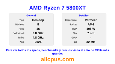 AMD Ryzen 7 5800XT Especificaciones y benchmarks de la CPU