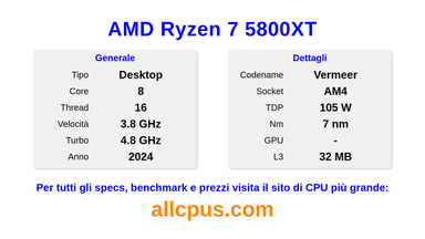 AMD Ryzen 7 5800XT Specifiche e benchmark della CPU