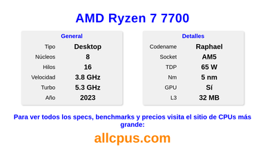 AMD Ryzen 7 7700 Especificaciones y benchmarks de la CPU