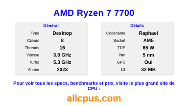 AMD Ryzen 7 7700 Spécifications et benchmarks du CPU
