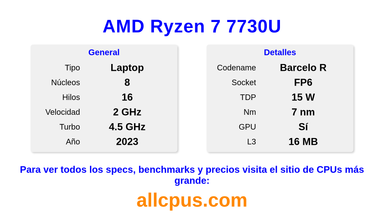 AMD Ryzen 7 7730U Especificaciones y benchmarks de la CPU