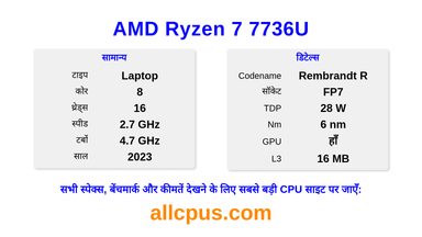 AMD Ryzen 7 7736U CPU की स्पेसिफिकेशन और बेंचमार्क