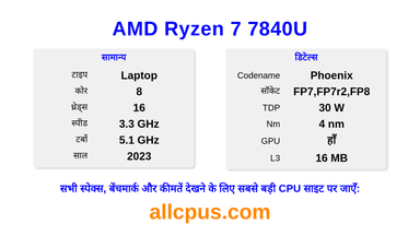 AMD Ryzen 7 7840U CPU की स्पेसिफिकेशन और बेंचमार्क