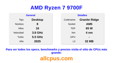 AMD Ryzen 7 9700F Especificaciones y benchmarks de la CPU