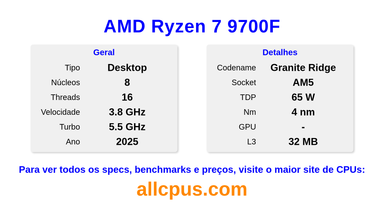 AMD Ryzen 7 9700F Especificações e benchmarks da CPU
