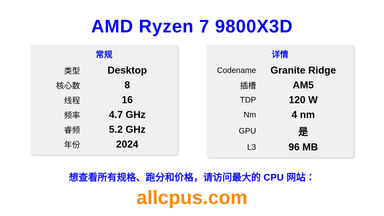 AMD Ryzen 7 9800X3D CPU 规格和跑分