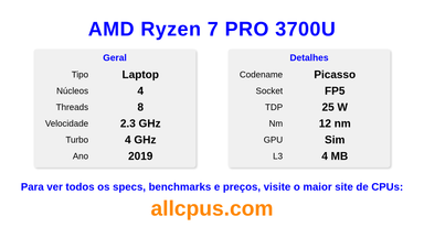 AMD Ryzen 7 PRO 3700U Especificações e benchmarks da CPU