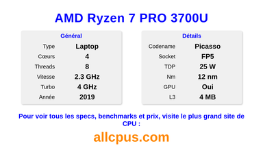 AMD Ryzen 7 PRO 3700U Spécifications et benchmarks du CPU