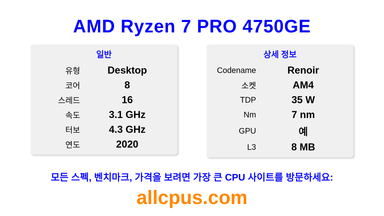 AMD Ryzen 7 PRO 4750GE CPU 사양과 벤치마크