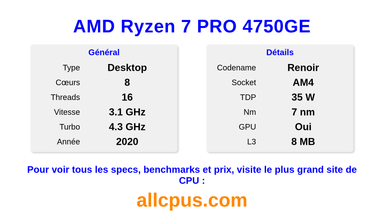 AMD Ryzen 7 PRO 4750GE Spécifications et benchmarks du CPU