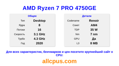 AMD Ryzen 7 PRO 4750GE Характеристики и бенчмарки CPU