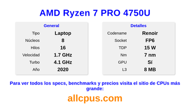 AMD Ryzen 7 PRO 4750U Especificaciones y benchmarks de la CPU