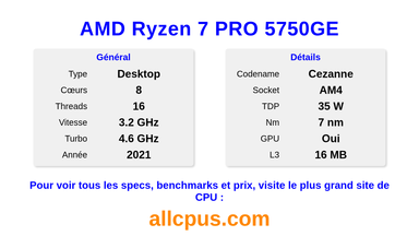 AMD Ryzen 7 PRO 5750GE Spécifications et benchmarks du CPU
