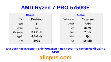 AMD Ryzen 7 PRO 5750GE Характеристики и бенчмарки CPU