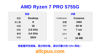 AMD Ryzen 7 PRO 5755G CPU 规格和跑分