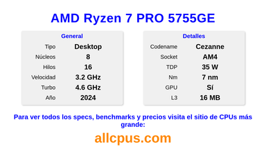 AMD Ryzen 7 PRO 5755GE Especificaciones y benchmarks de la CPU