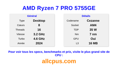 AMD Ryzen 7 PRO 5755GE Spécifications et benchmarks du CPU