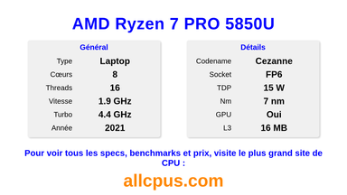AMD Ryzen 7 PRO 5850U Spécifications et benchmarks du CPU