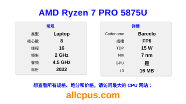 AMD Ryzen 7 PRO 5875U CPU 规格和跑分