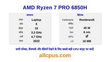 AMD Ryzen 7 PRO 6850H CPU की स्पेसिफिकेशन और बेंचमार्क