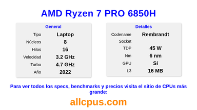 AMD Ryzen 7 PRO 6850H Especificaciones y benchmarks de la CPU
