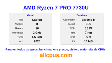 AMD Ryzen 7 PRO 7730U Especificações e benchmarks da CPU
