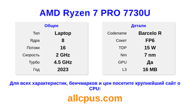 AMD Ryzen 7 PRO 7730U Характеристики и бенчмарки CPU
