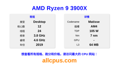 AMD Ryzen 9 3900X CPU 规格和跑分