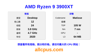 AMD Ryzen 9 3900XT CPU 规格和跑分