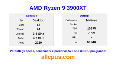 AMD Ryzen 9 3900XT Specifiche e benchmark della CPU