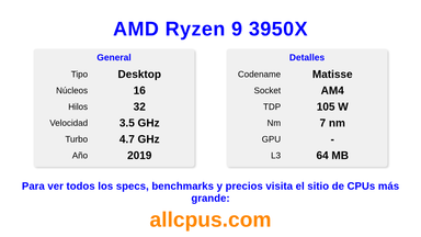 AMD Ryzen 9 3950X Especificaciones y benchmarks de la CPU