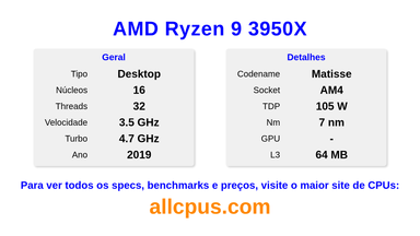 AMD Ryzen 9 3950X Especificações e benchmarks da CPU