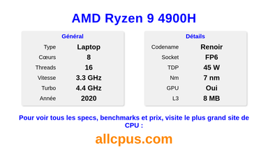 AMD Ryzen 9 4900H Spécifications et benchmarks du CPU