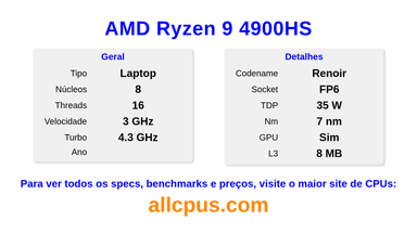 AMD Ryzen 9 4900HS Especificações e benchmarks da CPU