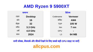 AMD Ryzen 9 5900XT CPU की स्पेसिफिकेशन और बेंचमार्क