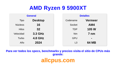 AMD Ryzen 9 5900XT Especificaciones y benchmarks de la CPU