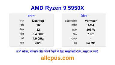 AMD Ryzen 9 5950X CPU की स्पेसिफिकेशन और बेंचमार्क
