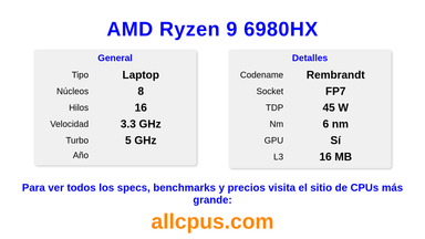 AMD Ryzen 9 6980HX Especificaciones y benchmarks de la CPU