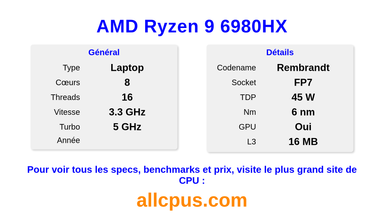 AMD Ryzen 9 6980HX Spécifications et benchmarks du CPU