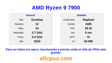 AMD Ryzen 9 7900 Especificaciones y benchmarks de la CPU