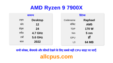 AMD Ryzen 9 7900X CPU की स्पेसिफिकेशन और बेंचमार्क