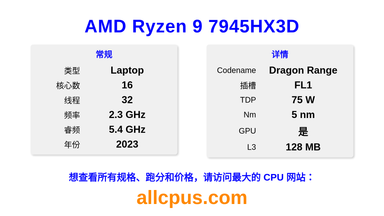 AMD Ryzen 9 7945HX3D CPU 规格和跑分