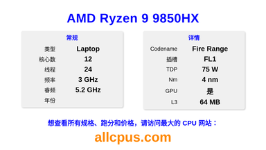 AMD Ryzen 9 9850HX CPU 规格和跑分