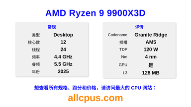 AMD Ryzen 9 9900X3D CPU 规格和跑分