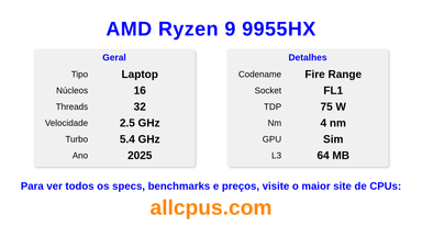 AMD Ryzen 9 9955HX Especificações e benchmarks da CPU