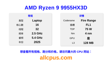 AMD Ryzen 9 9955HX3D CPU 规格和跑分