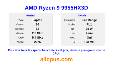 AMD Ryzen 9 9955HX3D Spécifications et benchmarks du CPU