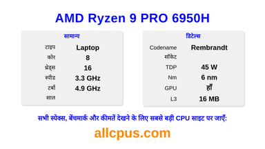 AMD Ryzen 9 PRO 6950H CPU की स्पेसिफिकेशन और बेंचमार्क