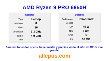 AMD Ryzen 9 PRO 6950H Especificaciones y benchmarks de la CPU